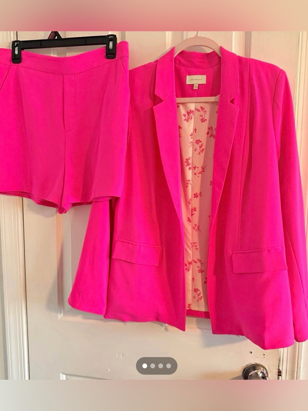 Bright Pink Blazer & Short Set from Apricot Lane. 
Jacket - large. Shorts - med.